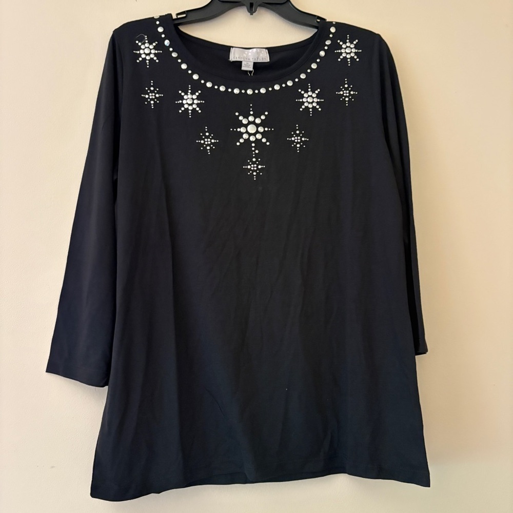 Carolyn Taylor Black Rhinestone Tunic Top Medium NWT 3/4 Sleeve Holiday